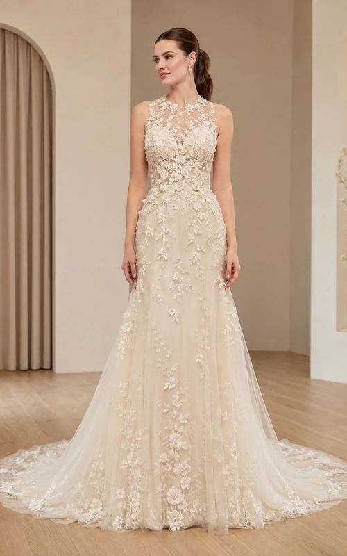 Mermaid High Neck Lace scattered Elegant Bridal Wedding Dress