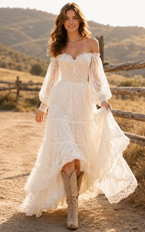 Robe de mariée bohème de maternité à manches longues style poète, col en V et volants