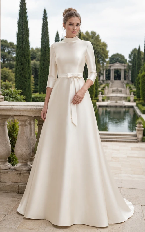 Robe de mariée Temple Garden en satin à col montant et coupe trapèze