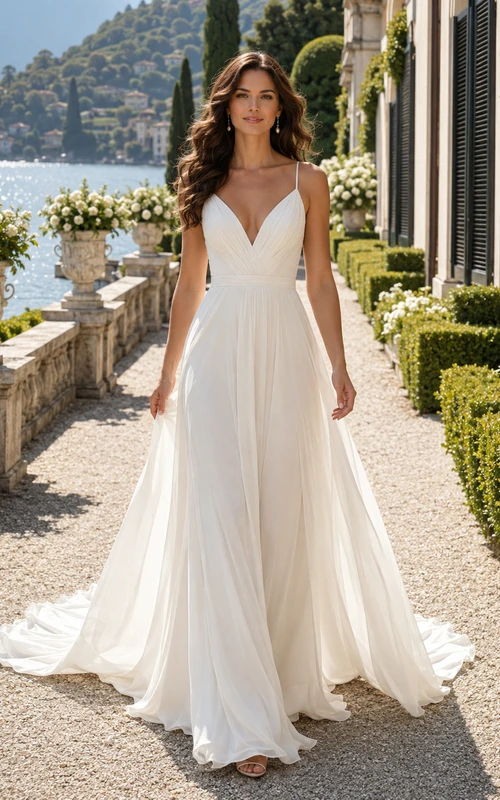 Robe de mariée romantique en mousseline à fines bretelles et décolleté en V, coupe trapèze, traîne chapelle, style A, en mousseline, style A, pour un mariage à destination