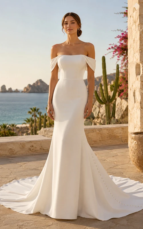 Robe de mariée sirène simple en crêpe à épaules dénudées pour une destination désertique