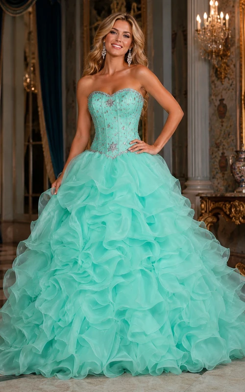Robe de bal longue sans manches à décolleté cœur et volants en organza à sequins