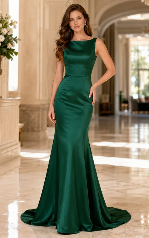 Dark Green Bateau Neck Satin Mermaid Evening Dress