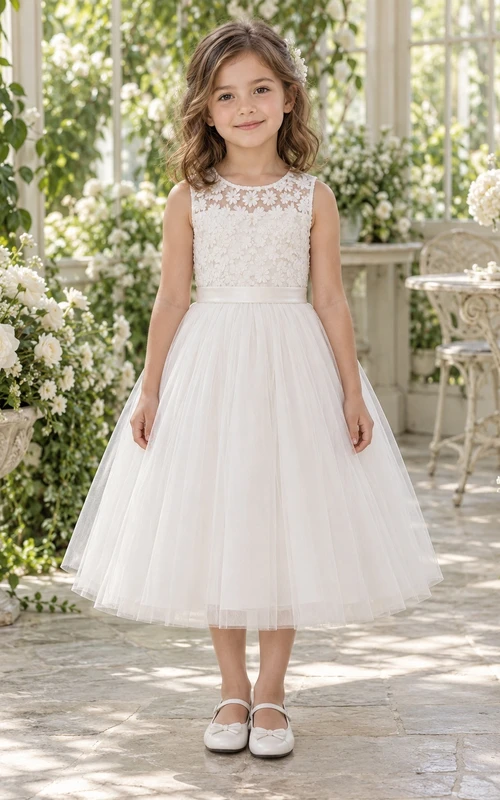 Vestido de niña de flores blanco de corte A con estampado floral, sin mangas, cuello joya y corpiño de encaje.