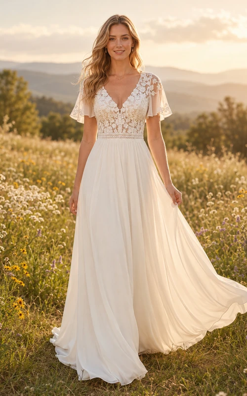 Robe de mariée en dentelle et tulle, coupe trapèze, col rond, manches courtes et traîne.