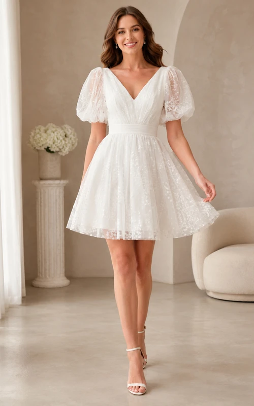 Minivestido de novia económico con escote en V corto, encaje y mangas abullonadas