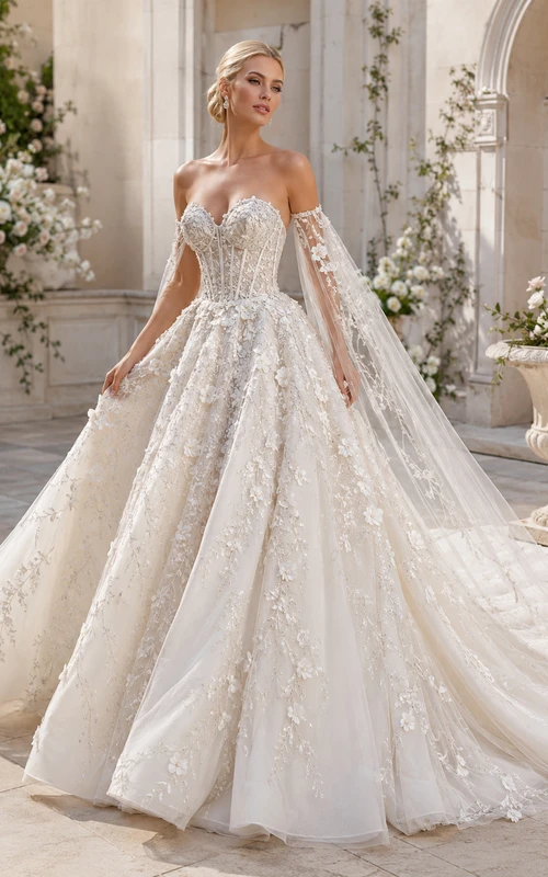 Natürliches, ärmelloses Ballkleid aus Tüll, herzförmiger Silhouette, trägerlos, mit Kapellenschleppe und floralen Applikationen – ein perfektes Brautkleid für Hochzeiten im Gartenstil