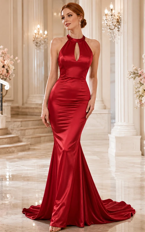 Robe de bal sirène rouge en satin à col halter et décolleté en goutte d'eau, longueur au sol