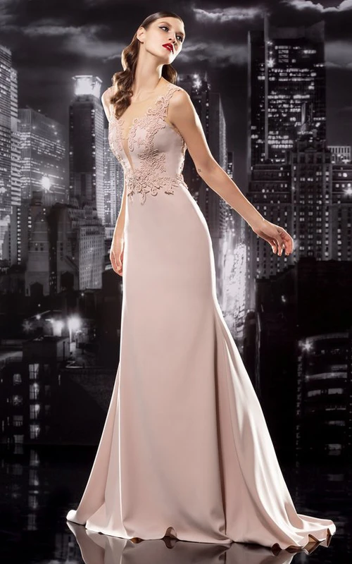 Robe fourreau longue sans manches en jersey à col rond et dos nu en V ornée d'appliqués