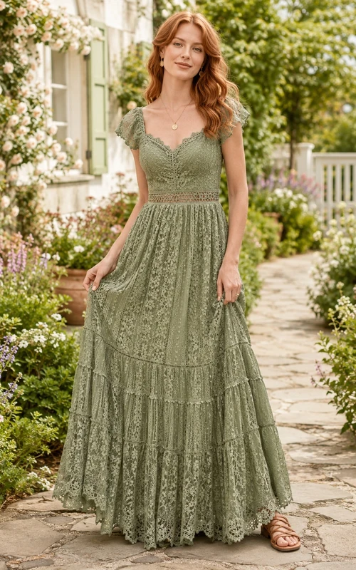 Sage Bohemian Lace Short Sleeve V-Neck A-Line Floor Length Evening Dress