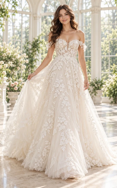 Off Shoulder Sweetheart Floral Lace Full A-Line Wedding Dress