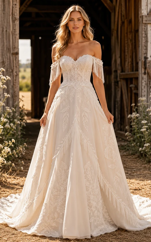Robe de mariée champêtre en tulle et dentelle, coupe trapèze, bretelles spaghetti, traîne, dos nu en V