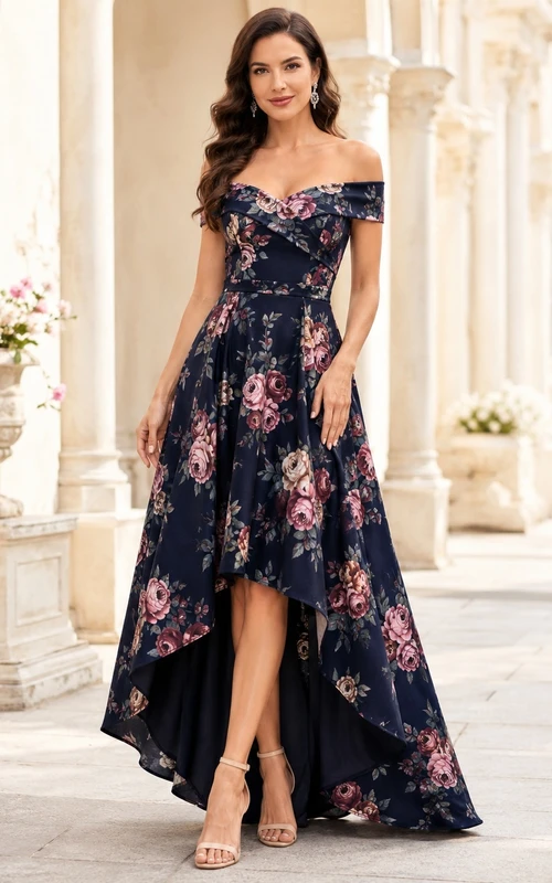Vestido formal romántico azul marino oscuro con estampado floral, escote Bardot, gasa, corte en A y bajo asimétrico.