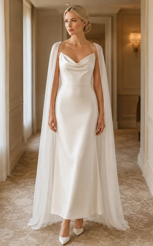 Simple Civil Satin A-Line Floor-Length Cowl Neck Straps Wedding Dress