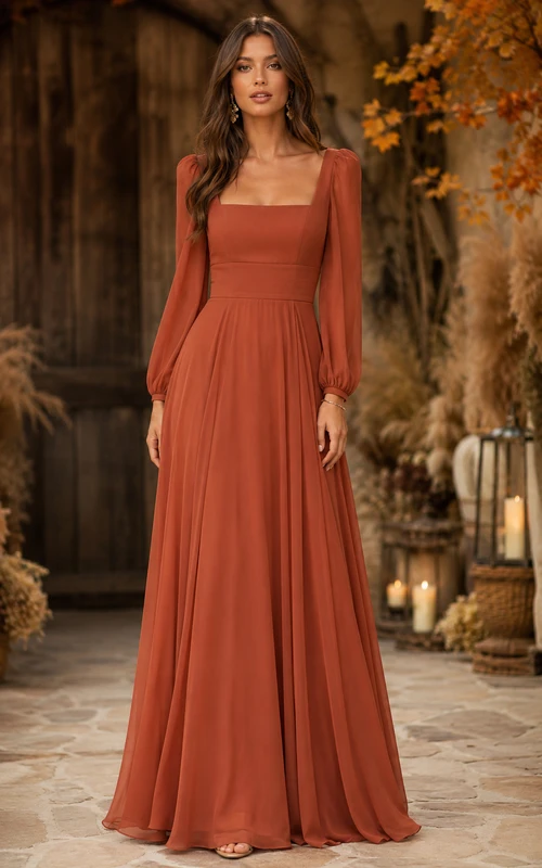 Robe de demoiselle d'honneur carrée trapèze en mousseline papaye