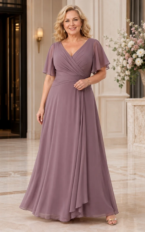 Plus size mauve V neck flutter sleeve chiffon mother gown