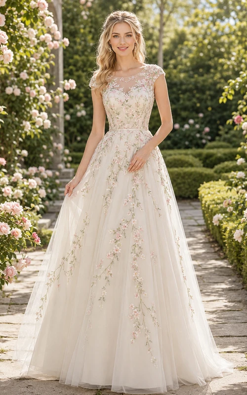 Brautkleid aus besticktem Tüll mit floralem Gartenmuster, kurzen Ärmeln und A-Linien-Schnitt