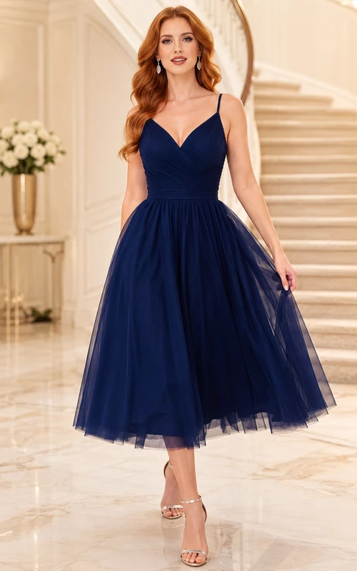 Dark Navy Lace-up Back Tulle Midi Dress