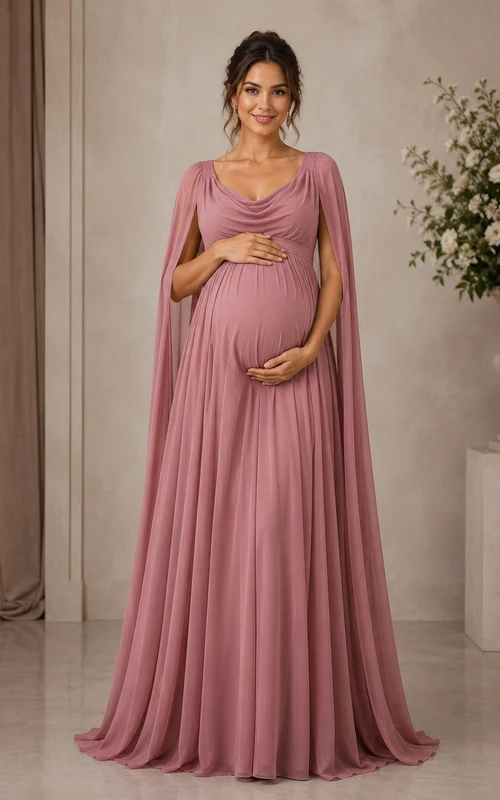 Robe de maternité trapèze avec col bénitier, sans manches et drapée, longueur au sol