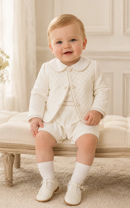 Traje de bautizo acolchado color crema con cuello Peter y manga larga para bebé niño
