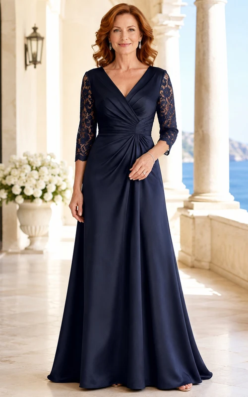 Elegantes, dunkelblaues Brautmutterkleid mit V-Ausschnitt, Spitzenärmeln, geraffter Taille, bodenlangem Schnitt und A-Linien-Schnitt