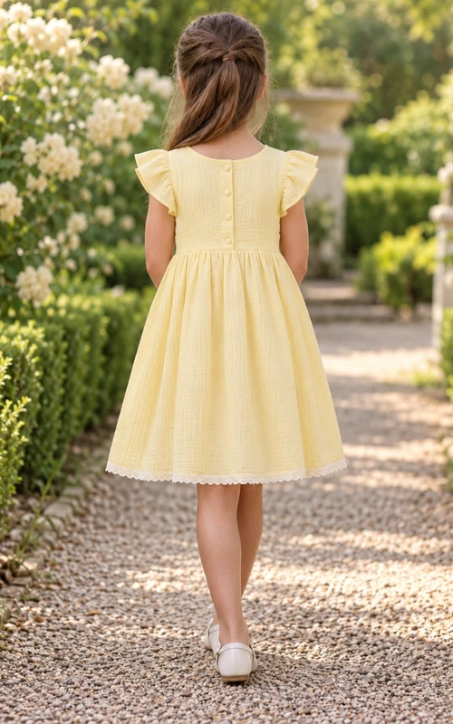 Simple Modest Yellow Knee Length Broad Flutter Sleeve Narrow Smocked Flower Girl Dress