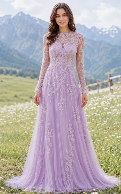 purple wedding dress with sleeves Lilac Long A-Line Prom Puff Lilac / Small Intricate hand Long Sleeve Wedding Dress Lavender