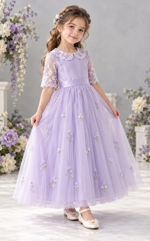 Lavender Floral Collar Elbow Lace Sleeve Flower Girl Dress