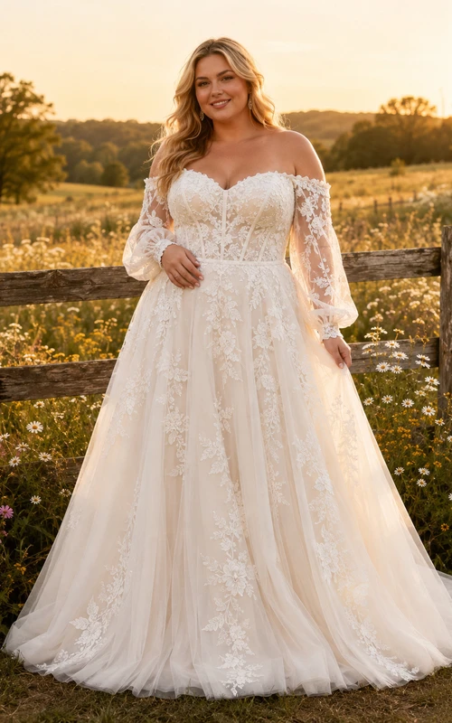 Vestido de novia de tul y encaje campestre, corte en A, hombros descubiertos, manga larga, cola capilla.