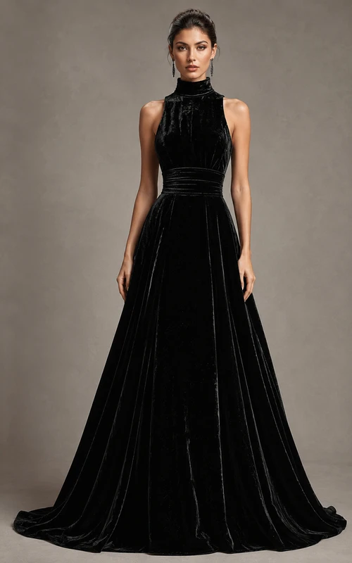 Schwarzes Samt-Halterkleid in A-Linie