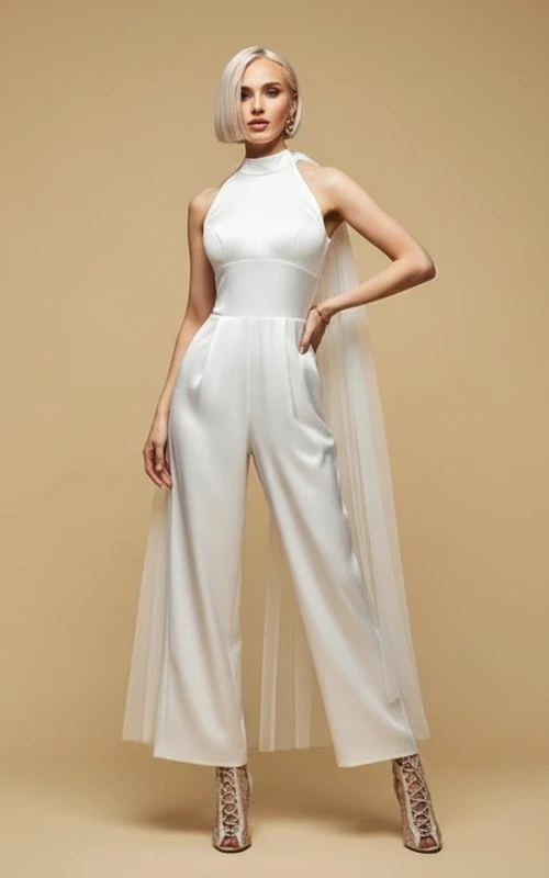 High Neck Sleeveless Backless Wide Leg Wedding Jumpsuit