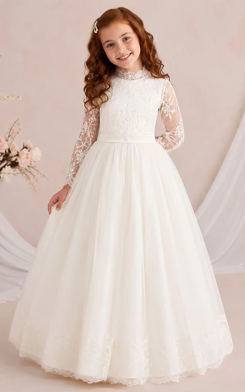 Hochgeschlossenes, langärmeliges Tüllkleid aus Spitze für Kommunion, festliches Teekleid für Blumenmädchen