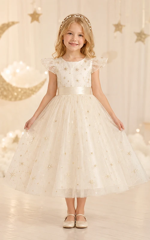 Cream Romantic A-Line Tulle Flower Girl Dress Cap Sleeve Bateau Neck Tea-Length Star Applique