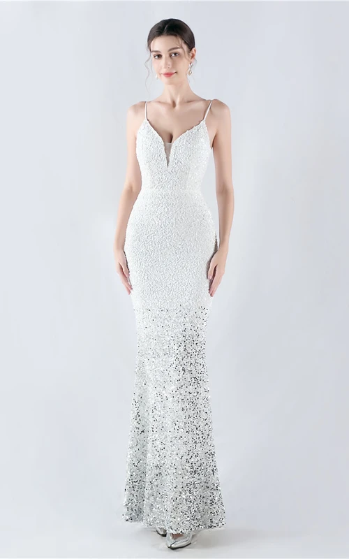 Velvet Bottom Gradient Beaded Sexy Suspender Evening Dress