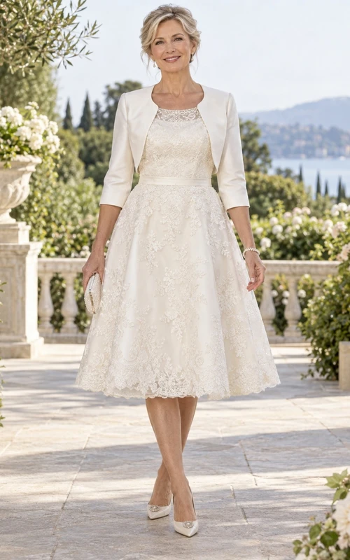 Vestido de novia modesto de corte A con encaje y largo hasta la rodilla para novias mayores con bolero de satén.