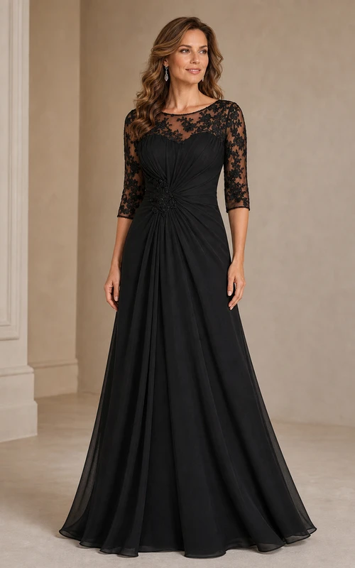 Vestido largo de corte A con mangas cortas, espalda con abertura y apliques para la madre de la novia.