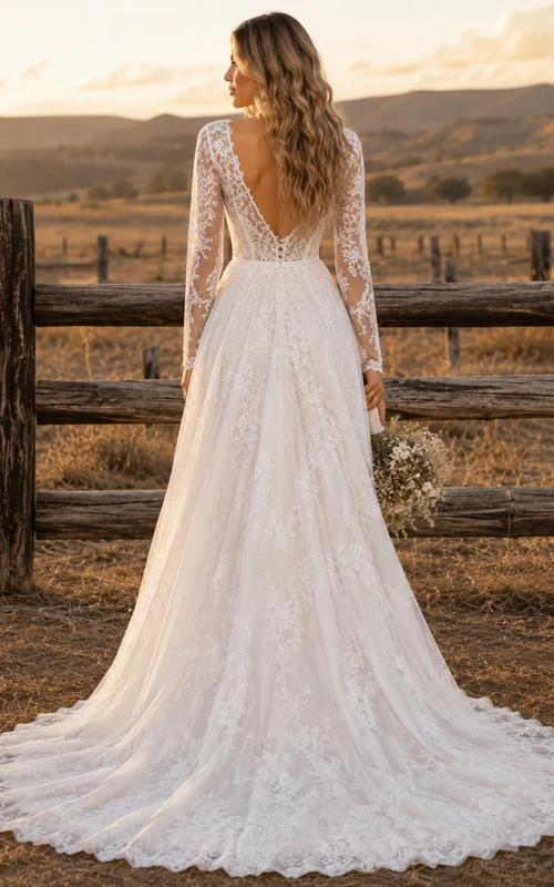 Western A-Line Bridal Dress with V-Neck Lace Long Sleeves and Chapel Train Romantic Bohemian Tulle