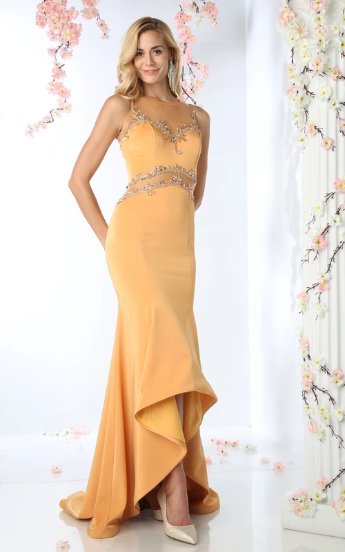 High-Low Sheath Scoop-Neck Sleeveless Jersey Illusion Dress With Beading