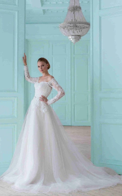 Ballkleid, schulterfrei, Maxi, langärmelig, aus Tüll, mit Applikationen und Illusionseffekt