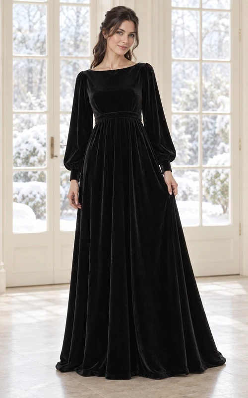 Vestido de dama de honor largo de terciopelo negro con escote barco y mangas obispo, corte en A.