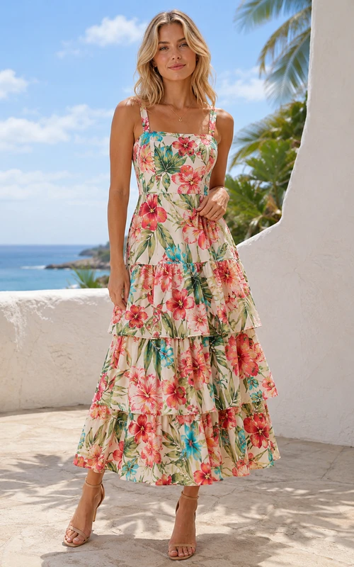 Vestido midi de gasa con tirantes finos y estampado floral caribeño para invitadas