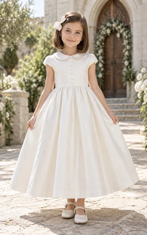 Simple White Ankle-length Peter-Pan-collar Cap-sleeve Button-front Unbanded Gathered Zipper-back A-line Flower Girl Dress