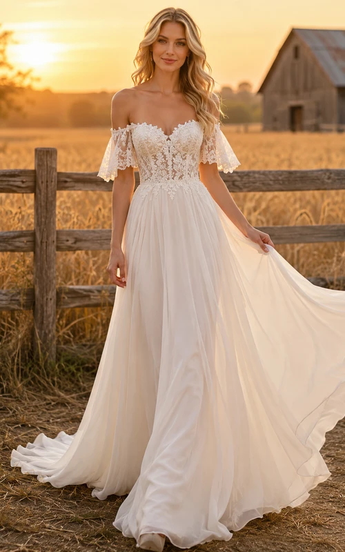 Brautkleid im Landhausstil aus Chiffon und Spitze, A-Linie, schulterfrei, kurze Ärmel, Schleppe und Schlitz