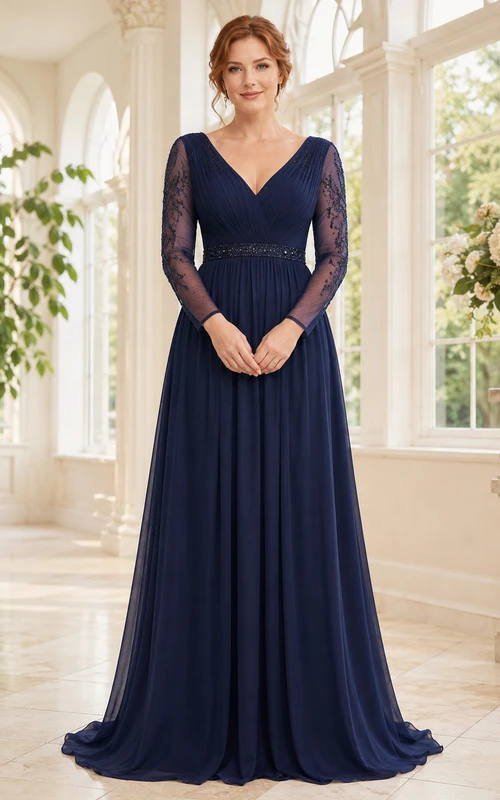 Robe longue en mousseline bleu marine foncé à col en V et manches longues, coupe trapèze