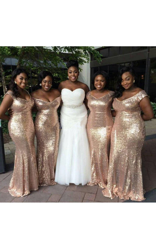 Robe longue sirène à sequins et plis, épaules dénudées