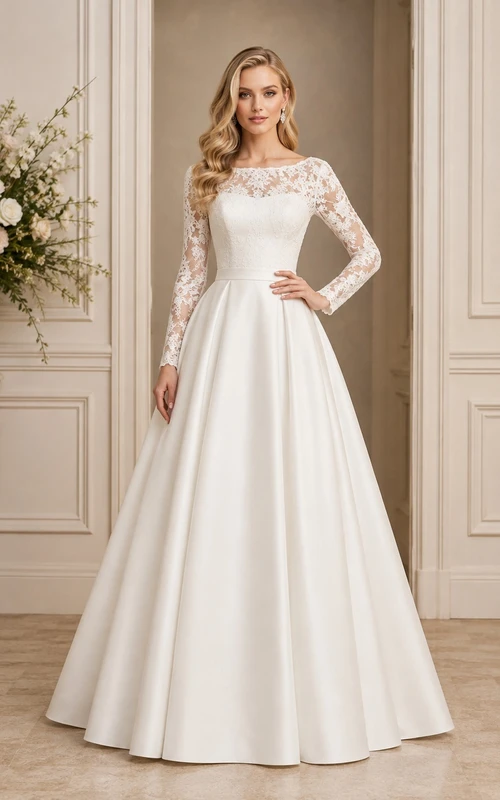 Schlichtes, bodenlanges Brautkleid aus Spitze mit Illusionseffekt und Schmucksteinen, lange Ärmel