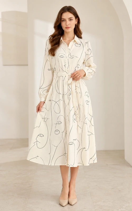 Hemdkleid mit Linienmuster, langärmelig, Midi-Länge