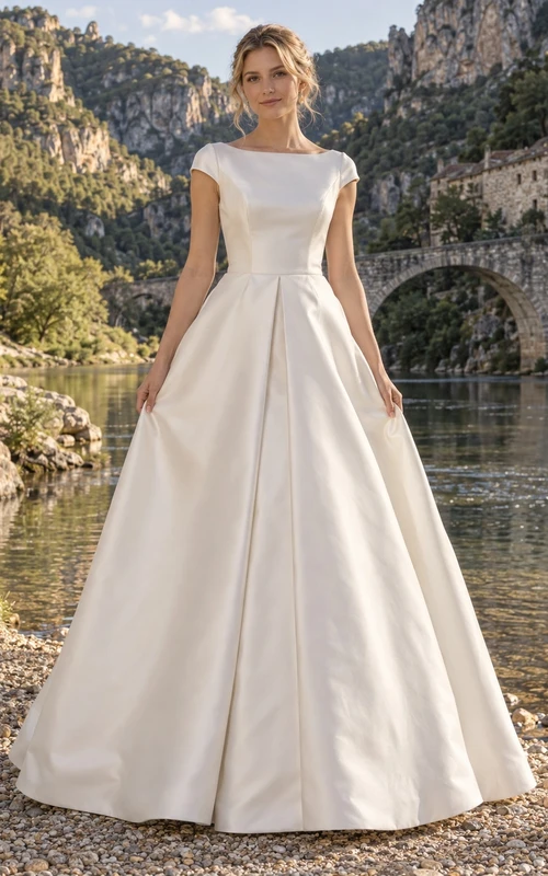 Vestido de novia sencillo de satén duquesa con escote barco y corte en A y mangas cortas