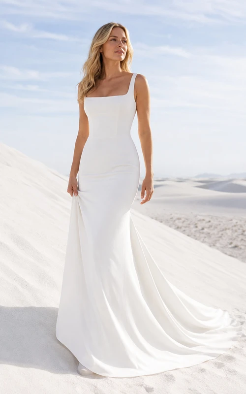 Robe de mariée sirène minimaliste en crêpe Dunes à col carré et encolure carrée