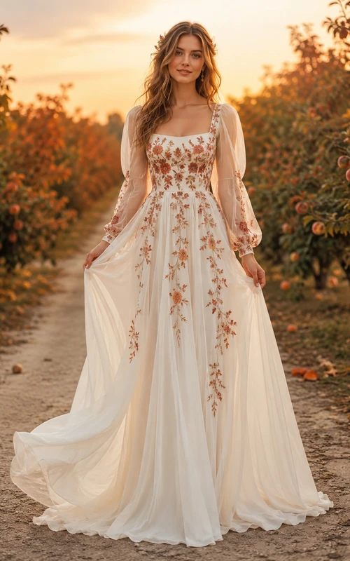 Autumn Burnt Orange Floral Tulle A-Line Wedding Dress